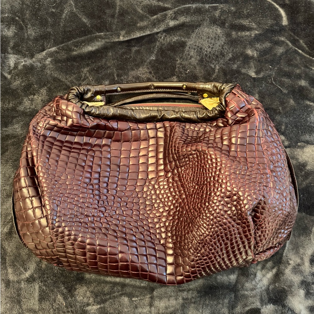 Roberto Cavalli Dark Burgundy Croc Embossed and Patent Leather Side Zip Hobo
